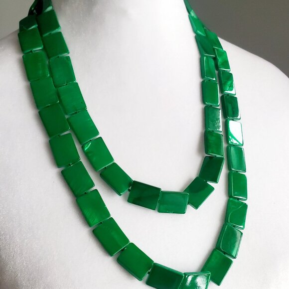 Vintage Long Green Onyx  Chiclet Beads Necklace Rectangular Cut Smooth No Clasp - Picture 4 of 5